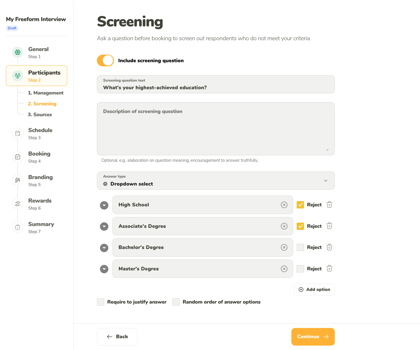 Screening question setup