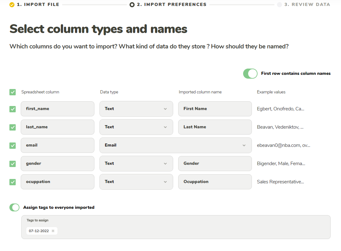 Column types and names