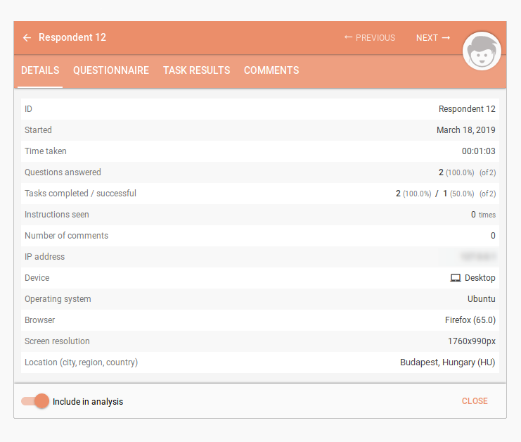 Detailed respondent overview
