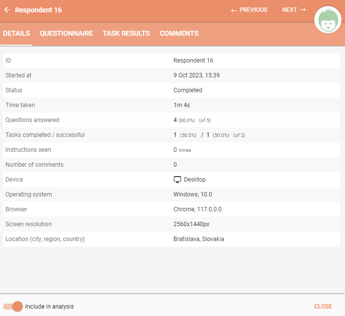 Detailed respondent overview