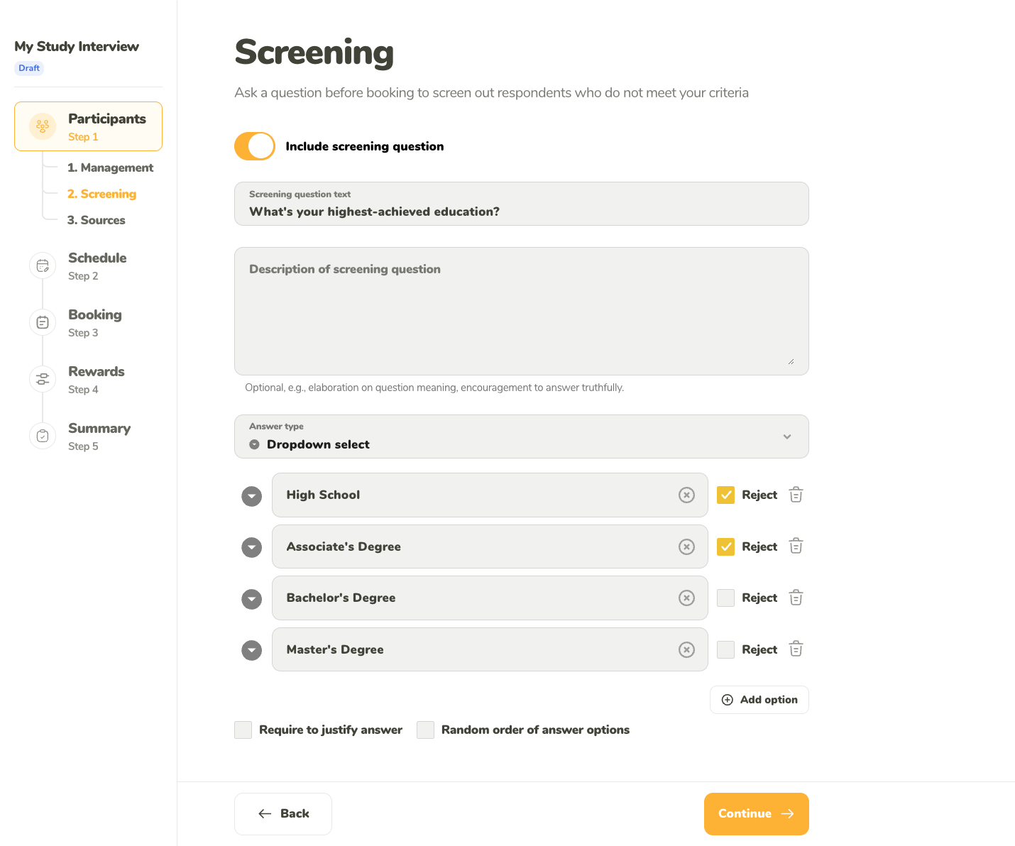 Screening question setup