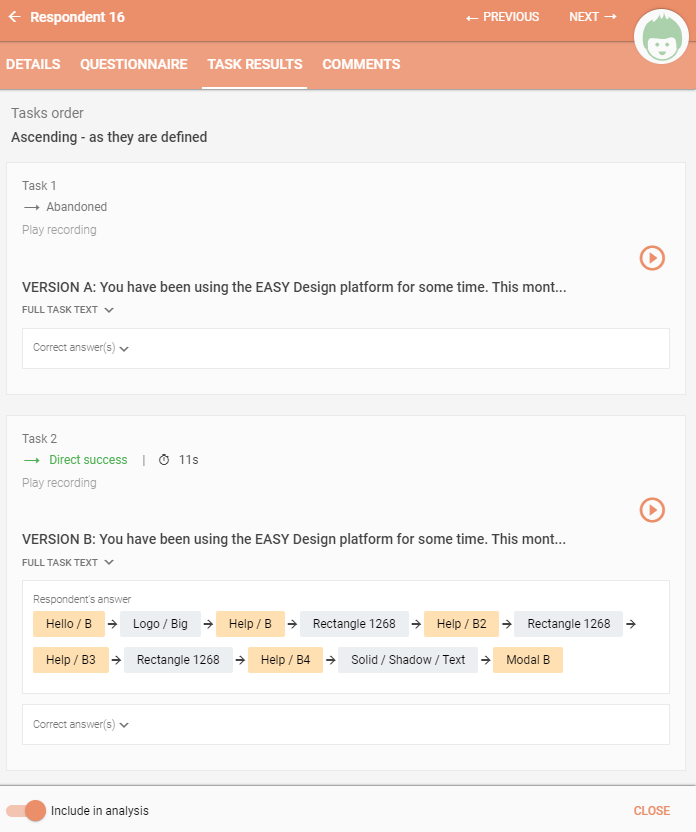 Detailed overview of task results of a specific respondent