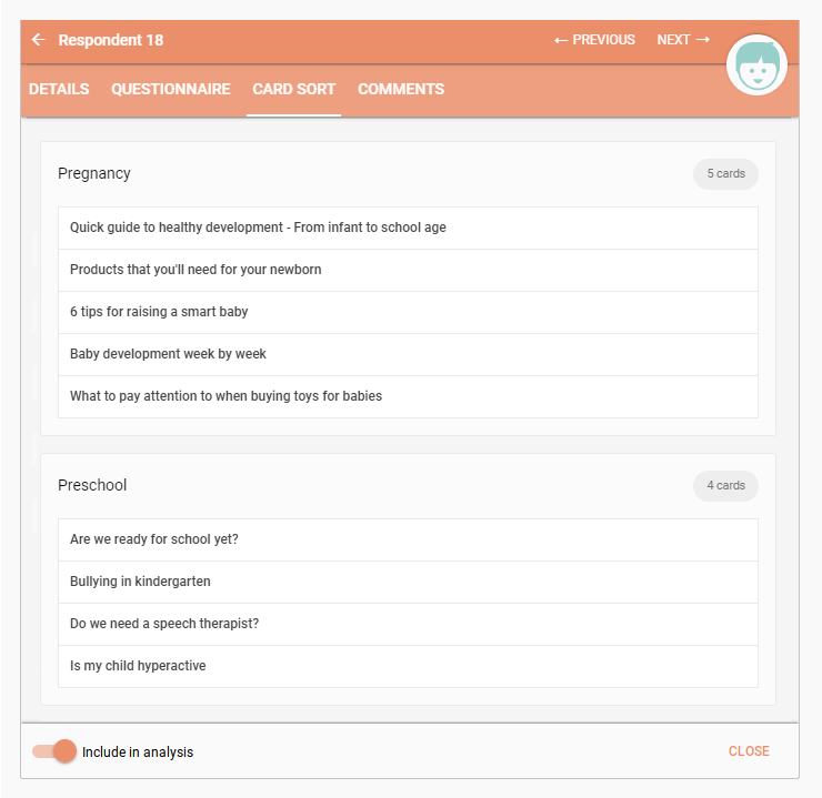 Detailed respondent overview