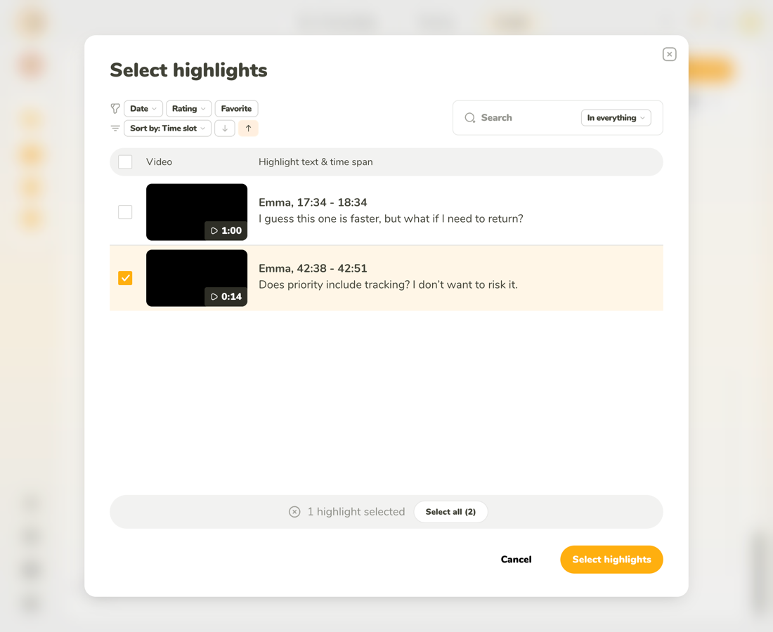 Selecting highlights
